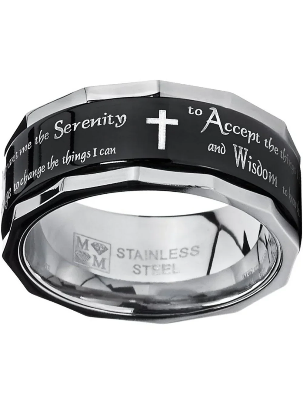 Unisex Black Stainless Steel Serenity Prayer Spinner Ring - 9MM Religious Cross